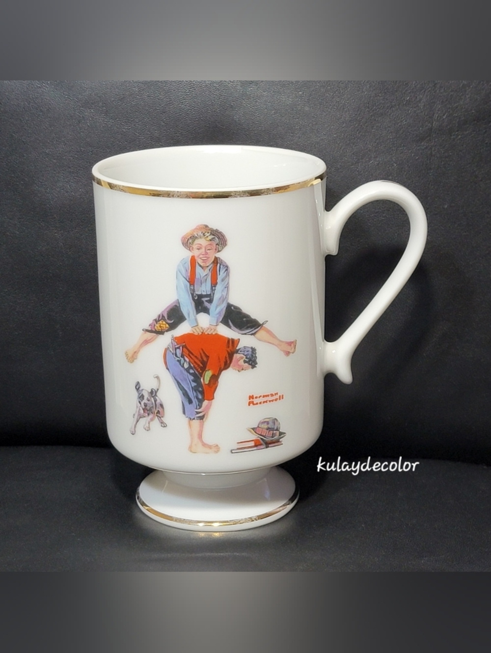 Norman Rockwell “Leapfrog” Porcelain Mug 1981 Danbury Mint Gold Trim Vintage